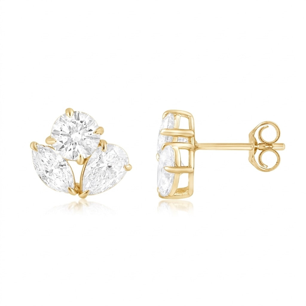 Multi-Shape Lab-Grown 3 Stone Yellow Gold Cluster Earrings